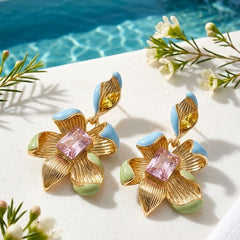 Tropical Floral Pastel Crystal Drop Earrings